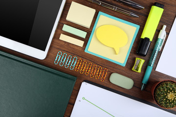 Stylish workplace with accessories, flat lay