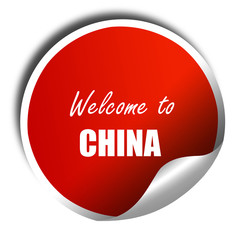 Welcome to china, 3D rendering, red sticker with white text