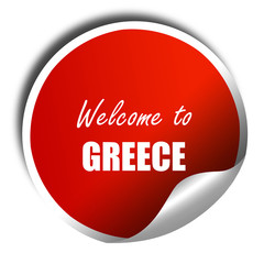Welcome to greece, 3D rendering, red sticker with white text