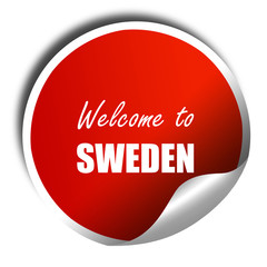 Welcome to sweden, 3D rendering, red sticker with white text