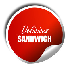 Delicious sandwich sign, 3D rendering, red sticker with white te