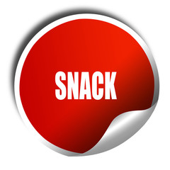 Delicious snack sign, 3D rendering, red sticker with white text