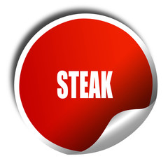 Delicious steak sign, 3D rendering, red sticker with white text