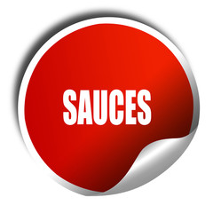 Delicious sauces sign, 3D rendering, red sticker with white text