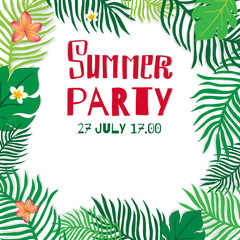 Summer party. Vector poster leaves of palm trees and tropical flowers