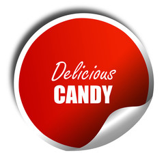 Delicious candy sign, 3D rendering, red sticker with white text