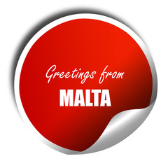 Greetings from malta, 3D rendering, red sticker with white text