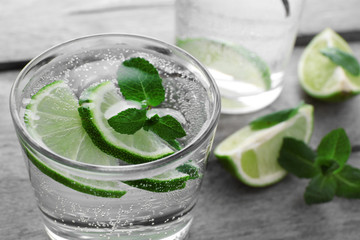 Glass of lemon soda, close up