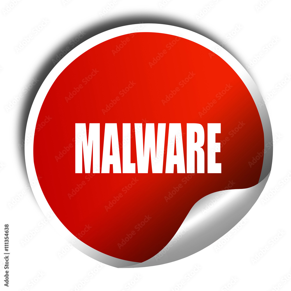 Poster malware computer background, 3d rendering, red sticker with whit