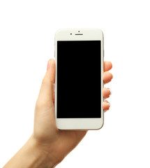 Female hand holding a smartphone on white background