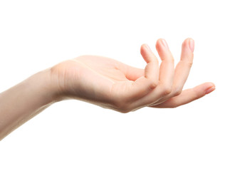 Open palm hand gesture on white background