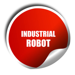 industrial robot, 3D rendering, red sticker with white text