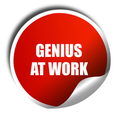 genius at work, 3D rendering, red sticker with white text