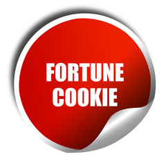 fortune cookie, 3D rendering, red sticker with white text