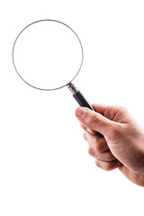 holding a magnifying glass on white