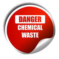 Chemical waste sign, 3D rendering, red sticker with white text