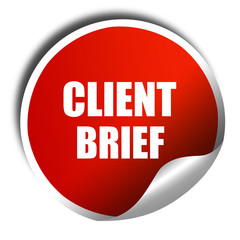 client brief, 3D rendering, red sticker with white text