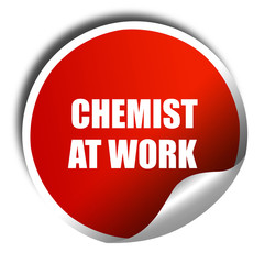 chemist at work, 3D rendering, red sticker with white text