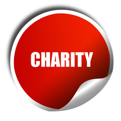 charity, 3D rendering, red sticker with white text