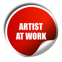 artist at work, 3D rendering, red sticker with white text