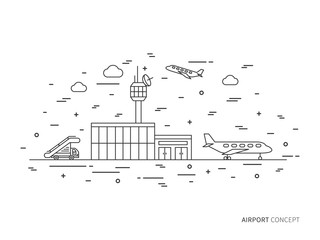 Airport (terminal, plane, transportation) linear vector illustration. Airport creative graphic concept. Airport graphic design.