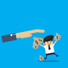 Business man run and carry money bag away from hand.