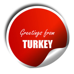 Greetings from turkey, 3D rendering, red sticker with white text