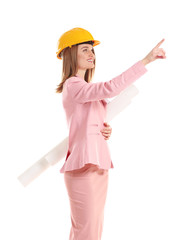 Young beautiful female construction engineer isolated on white