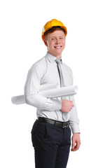 Young male construction engineer isolated on white