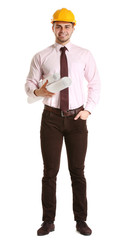 Young male construction engineer isolated on white