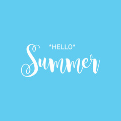 Hello Summer. Beautiful greeting card poster with calligraphy white text word. Hand drawn design elements. Handwritten modern brush lettering on a blue background isolated. Vector illustration EPS 10