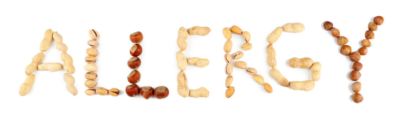 Word ALLERGY made with nuts isolated on white