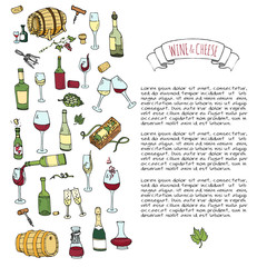 Hand drawn wine set icons Vector illustration Sketchy wine tasting elements collection Wine objects Cartoon wine symbols Vineyard background Vector wine background Winery illustration Grape Wine glass