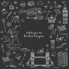 Hand drawn doodle United Kingdom set Vector illustration UK icons  Welcome to London elements British symbols collection Tea Bus Horse riding Golf Crown Beer Lion Bulldog London bridge Big Ben Tower