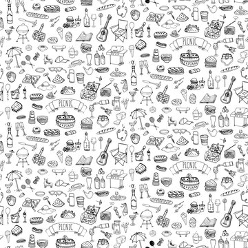 Seamless background hand drawn doodle Picnic icons set Vector illustration barbecue sketchy symbols collection Cartoon bbq concept elements Summer picnic Guitar Food basket Sandwich Sport activities