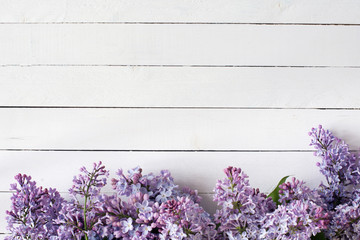 Summer background : Lilac flowers on white wooden background. Top view, copy space