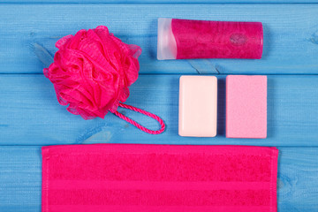 Accessories and cosmetics for personal hygiene in bathroom, concept of body care