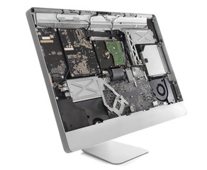 Disassembled computer monitor with internal components, isolated on white