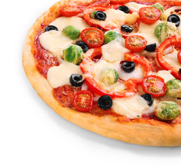 Delicious pizza with cheese and vegetables isolated on white