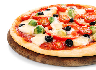 Delicious pizza with cheese and vegetables isolated on white