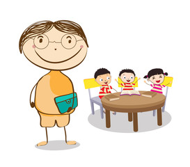 Mid age teacher man in a class of kids sitting at the school desk.