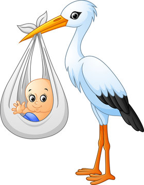 Cartoon stork carrying baby