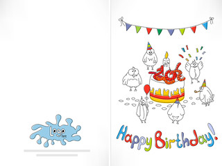 Happy birthday card. Cartoon funny bird on a string.