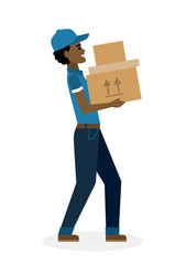 Delivery man with parcel. Fast transportation. Isolated african american cartoon character on white background. Postman, courier with package. Concept of online shopping and moving.