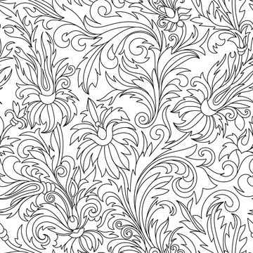 Vector Seamless Monochrome Floral Pattern. Coloring Book