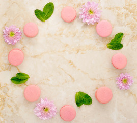 flowers, mint and French macarons