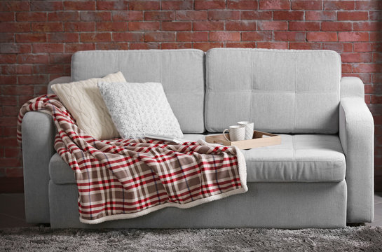 Beautiful interior of living room with grey sofa