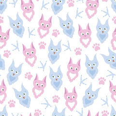 Background cute cartoon owl and cat . Adorable owl and cat, paw prints and claws. Background for children, baby.