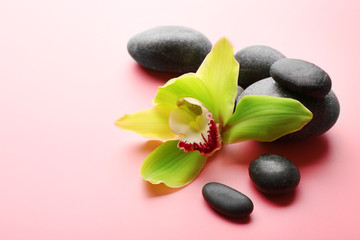 Fototapeta na wymiar Spa stones and yellow orchid on pink background
