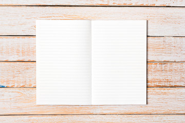 Blank open notebook on white wooden background, Business templat